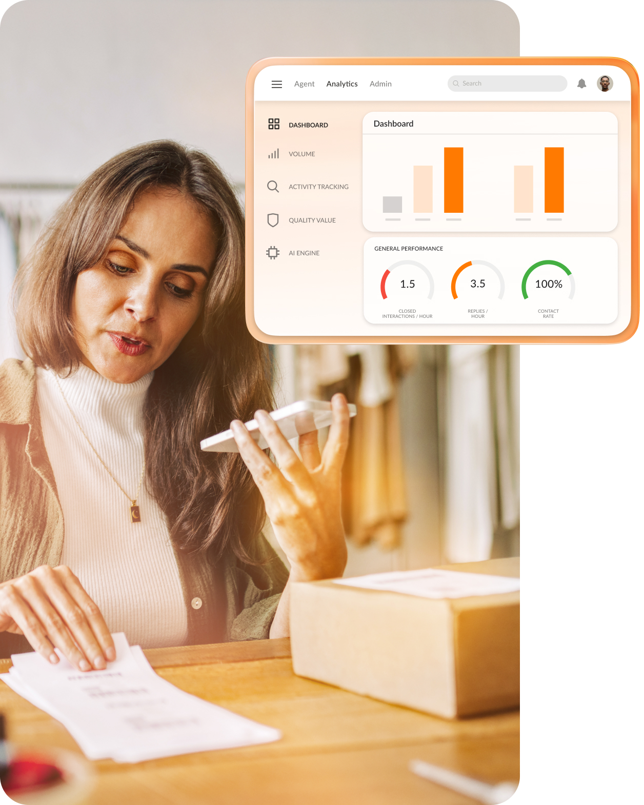 Ein Frau prüft Belege; außerdem ist eine Ansicht des Analyse-Dashboards der RingCentral App zu sehen.