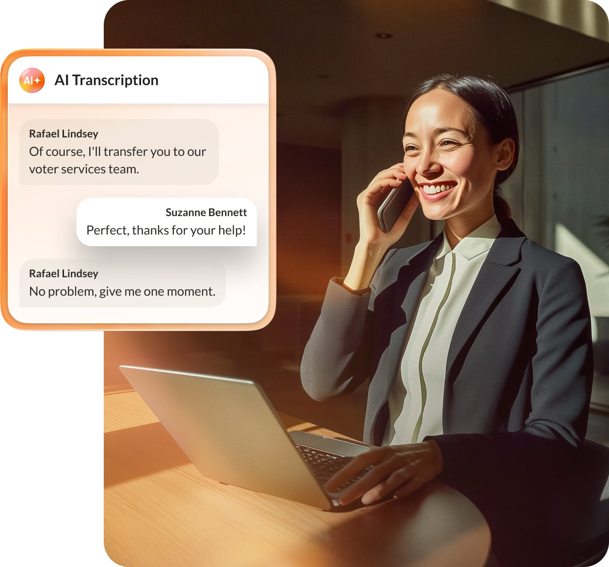 Ein KI-gestütztes Transkript eines Gesprächs zwischen einer Agentin und einem Anrufer