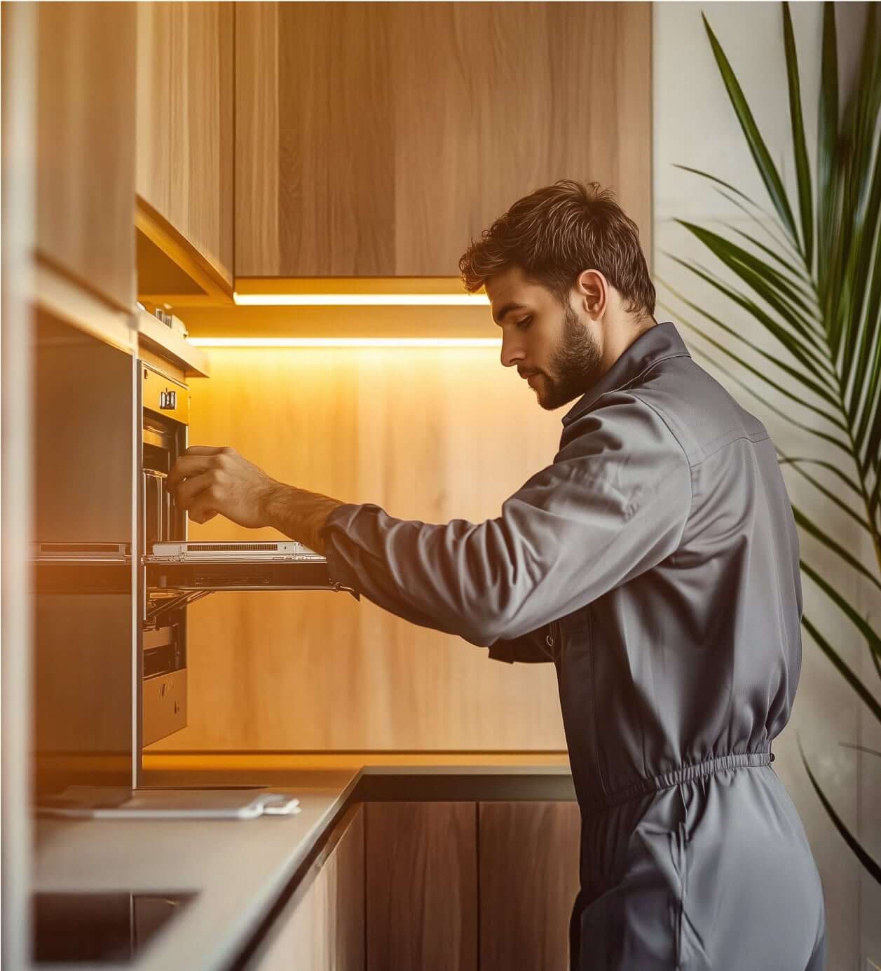 A male maintenance worker repairing an appliance oven