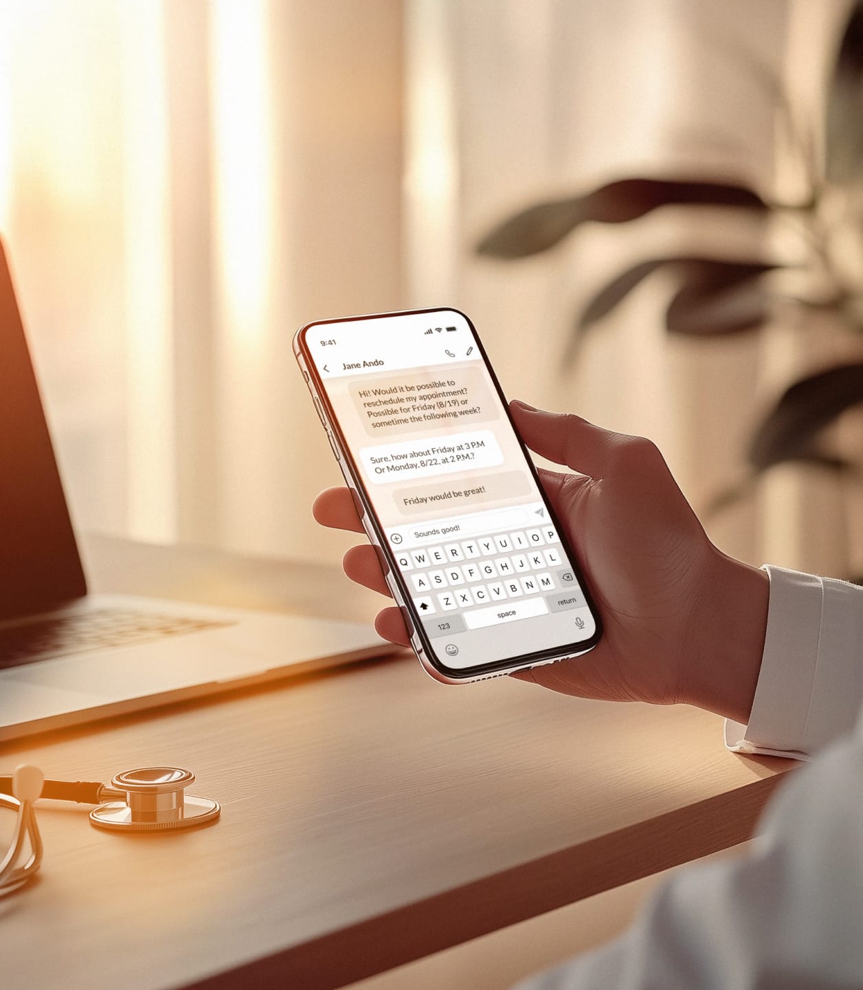 A doctor reading a message about a patient's request via RingCentral mobile app