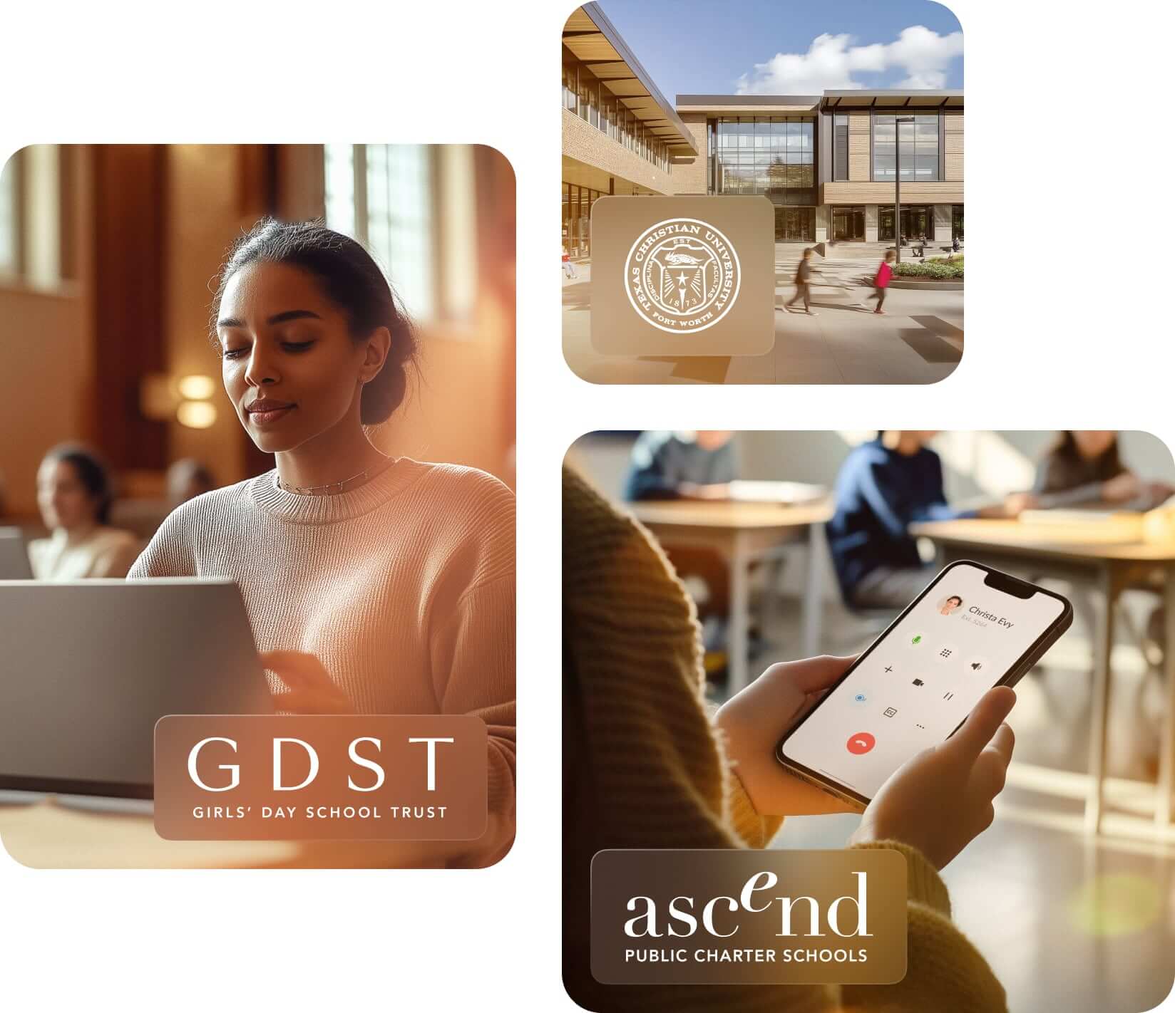 Image 1: A student using her laptop to review her lessons  Image 2: Students walking around university campus Image 3: A student using RingCentral mobile app to make a call