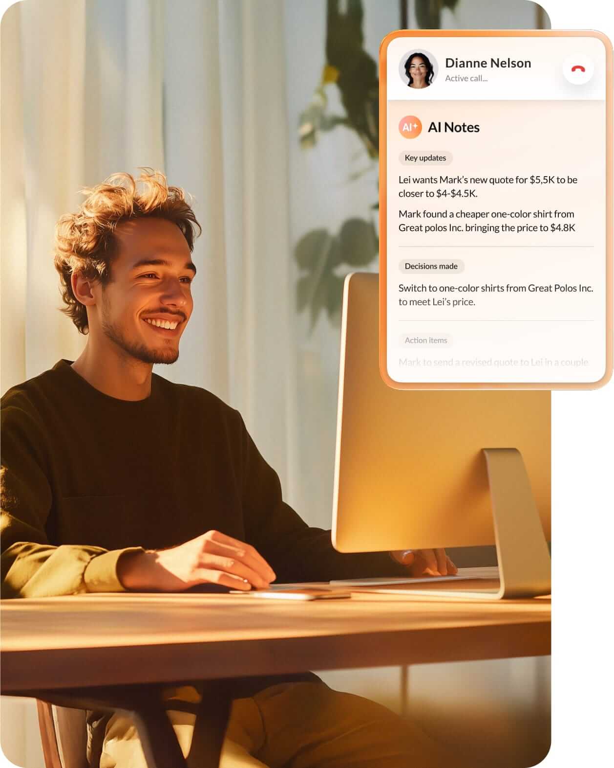 A man working at his desk sits in front of a monitor, with an inset image displaying the AI notes feature