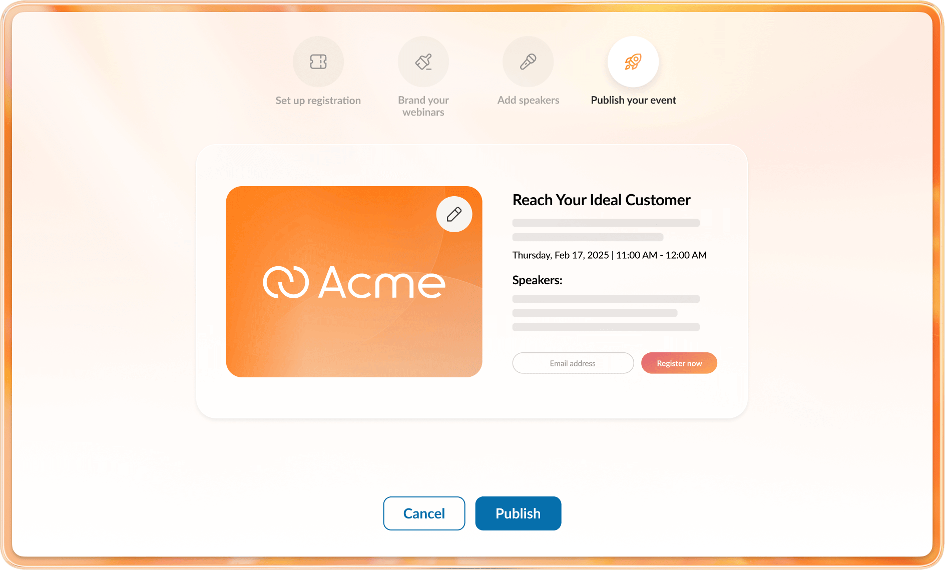 Interface for launching a virtual event on RingCentral webinar platform