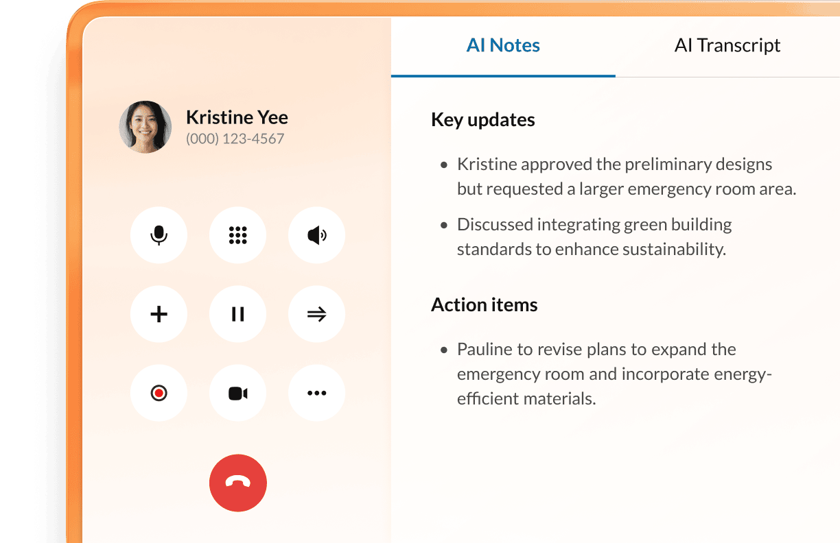 Appel avec les fonctions de notes d’appel et de transcription par l’IA activées