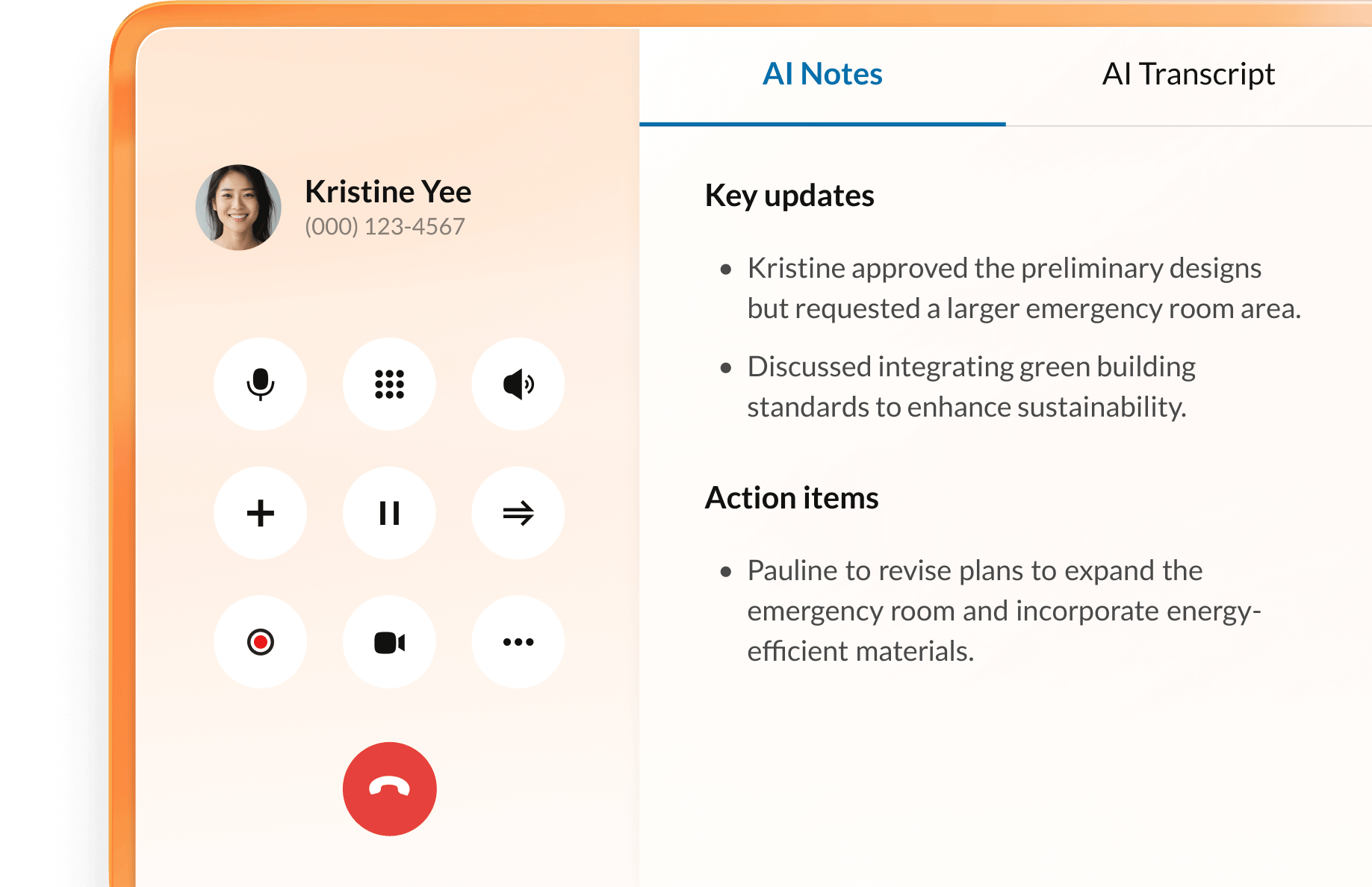 Live call with call notes and AI transcript features enabled