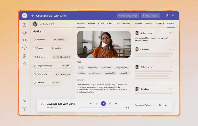 The RingSense AI conversation intelligence in use during a Teams video conference call