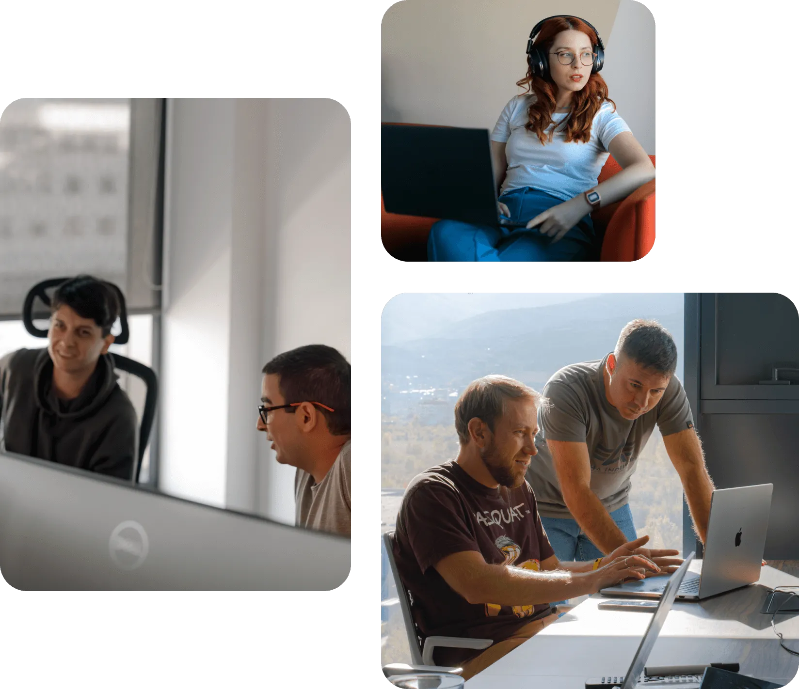 Колаж: жена със слушалки и лаптоп, двама колеги в разговор и мениджър, който обсъжда идея с колега