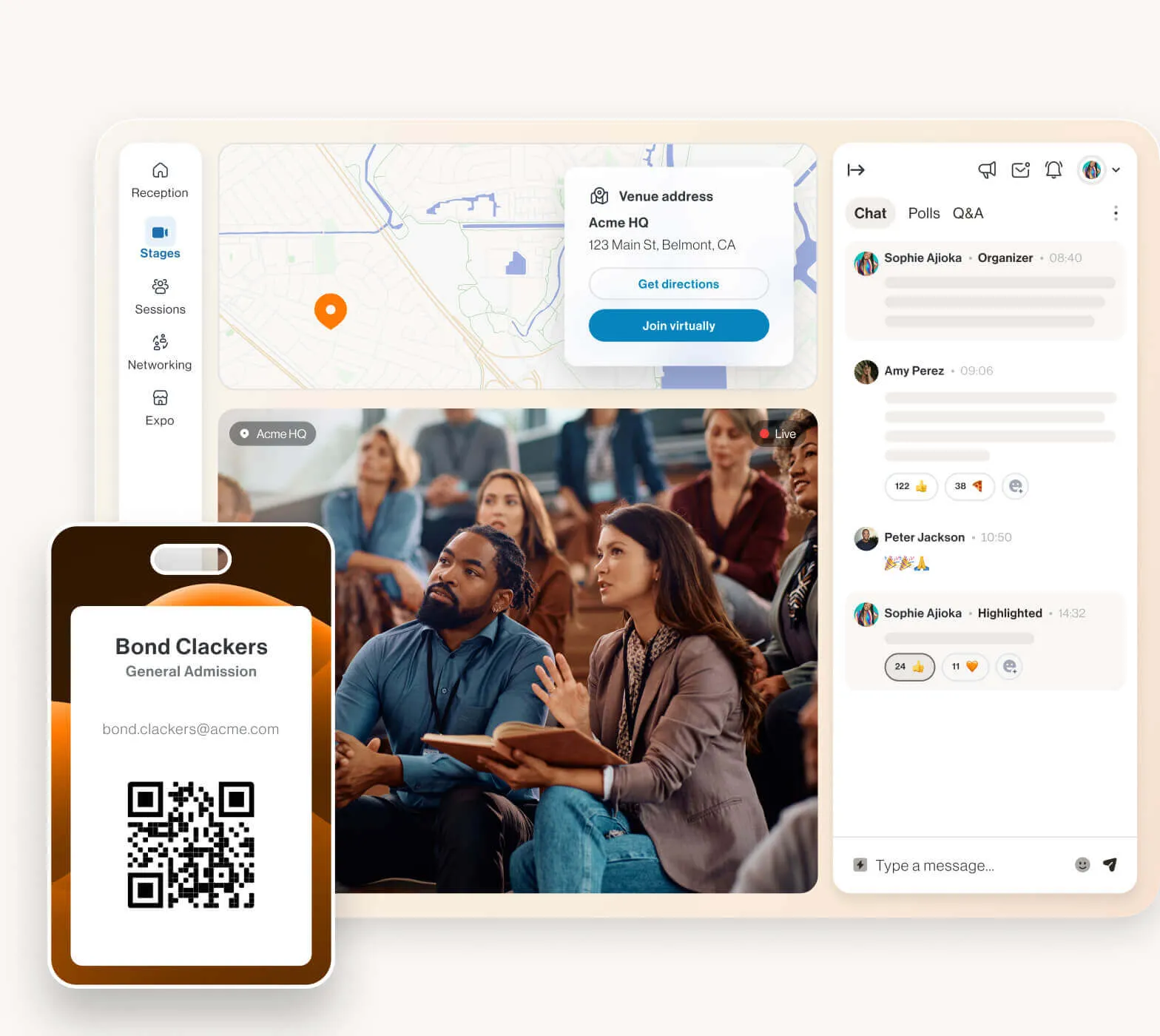 Ein laufendes virtuelles Event auf RingCentral Events mit der Einblendung eines QR-Codes als Event-ID