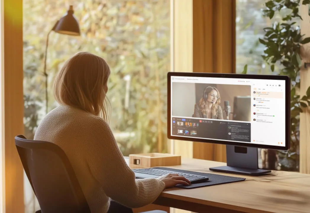 A woman sitting at a desk while attending a virtual event hosted on RingCentral