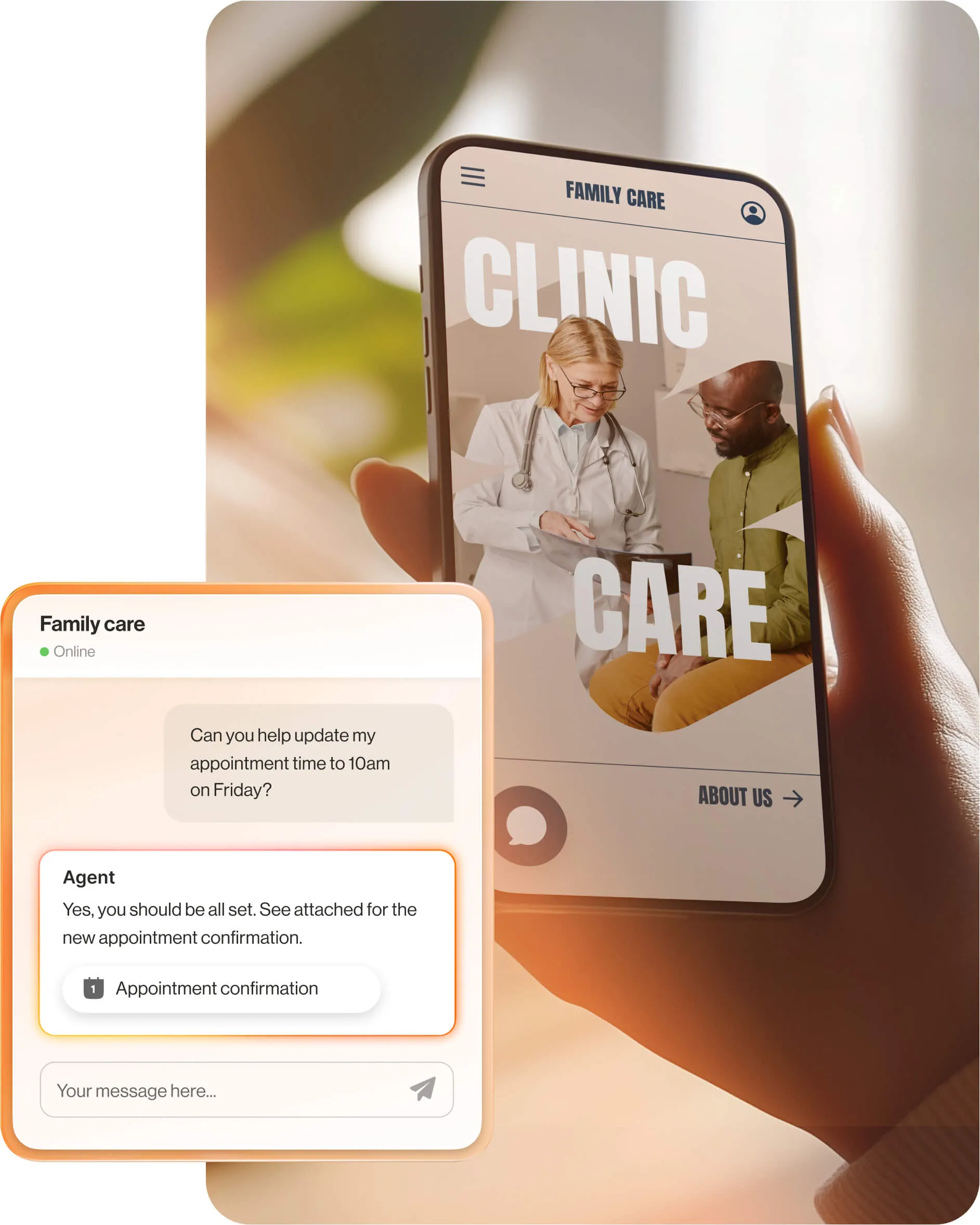 Un teléfono móvil que muestra a una doctora y su paciente junto a una ventana emergente con un mensaje de asistencia por chatbot sobre la confirmación de una cita médica