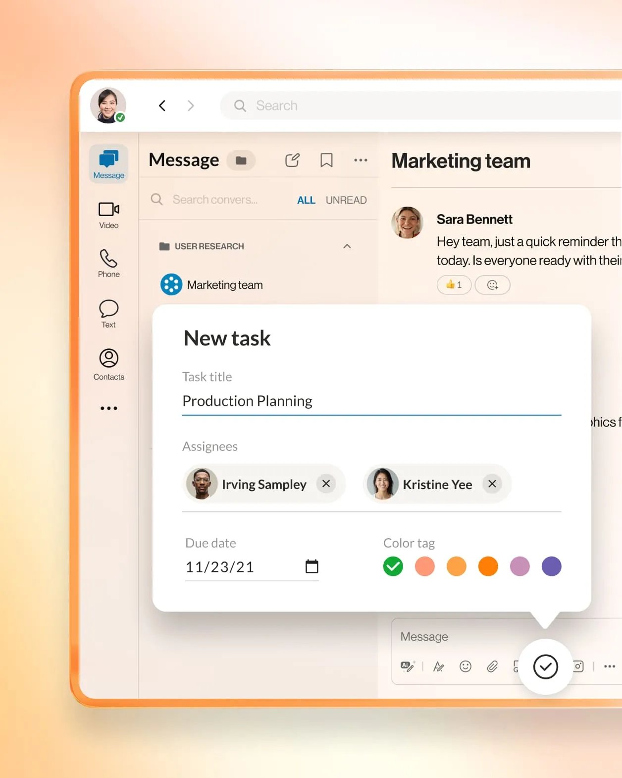 The Create New Task option of the RingCentral App's Team Messaging feature