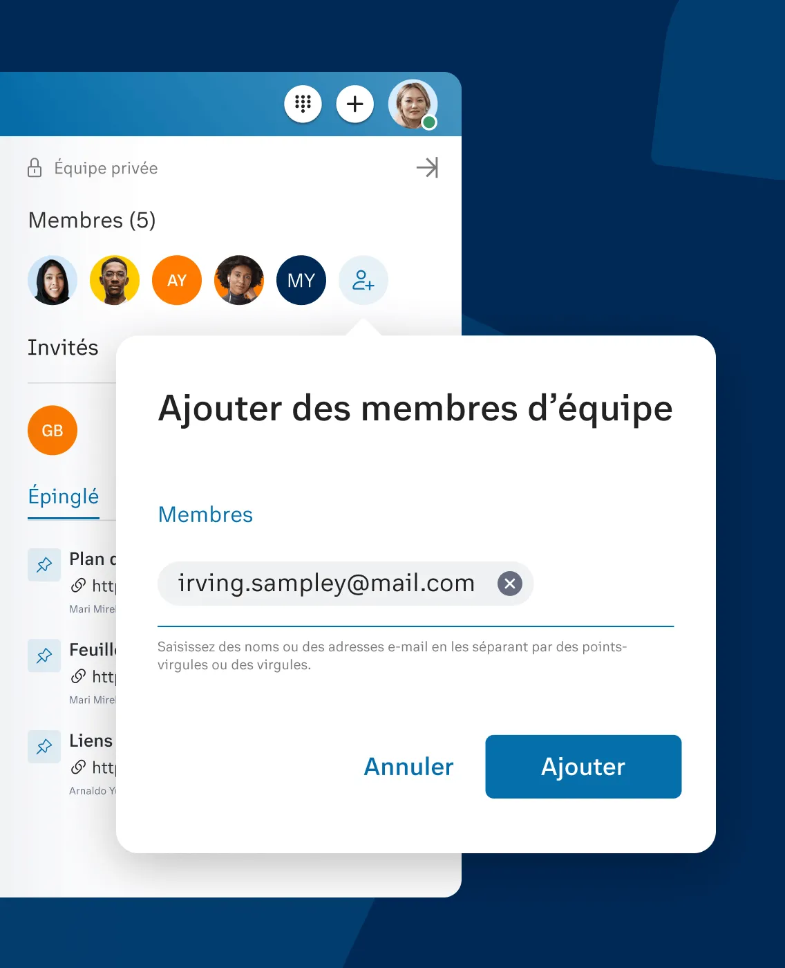 Capture d’écran de l’ajout de membres à un chat d’équipe dans l’application RingCentral
