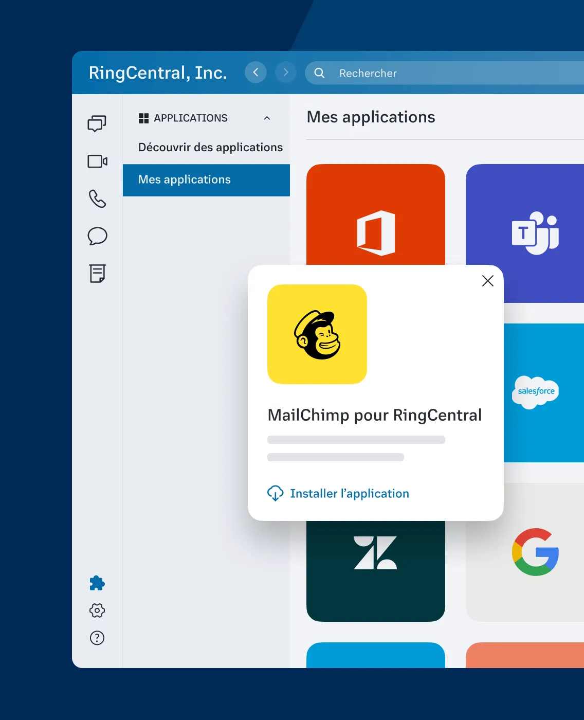 Capture d’écran des différentes applications pouvant être intégrées à l’application RingCentral