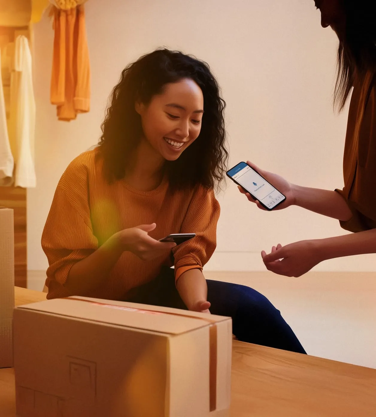 Deux vendeuses emballent des vêtements en magasin