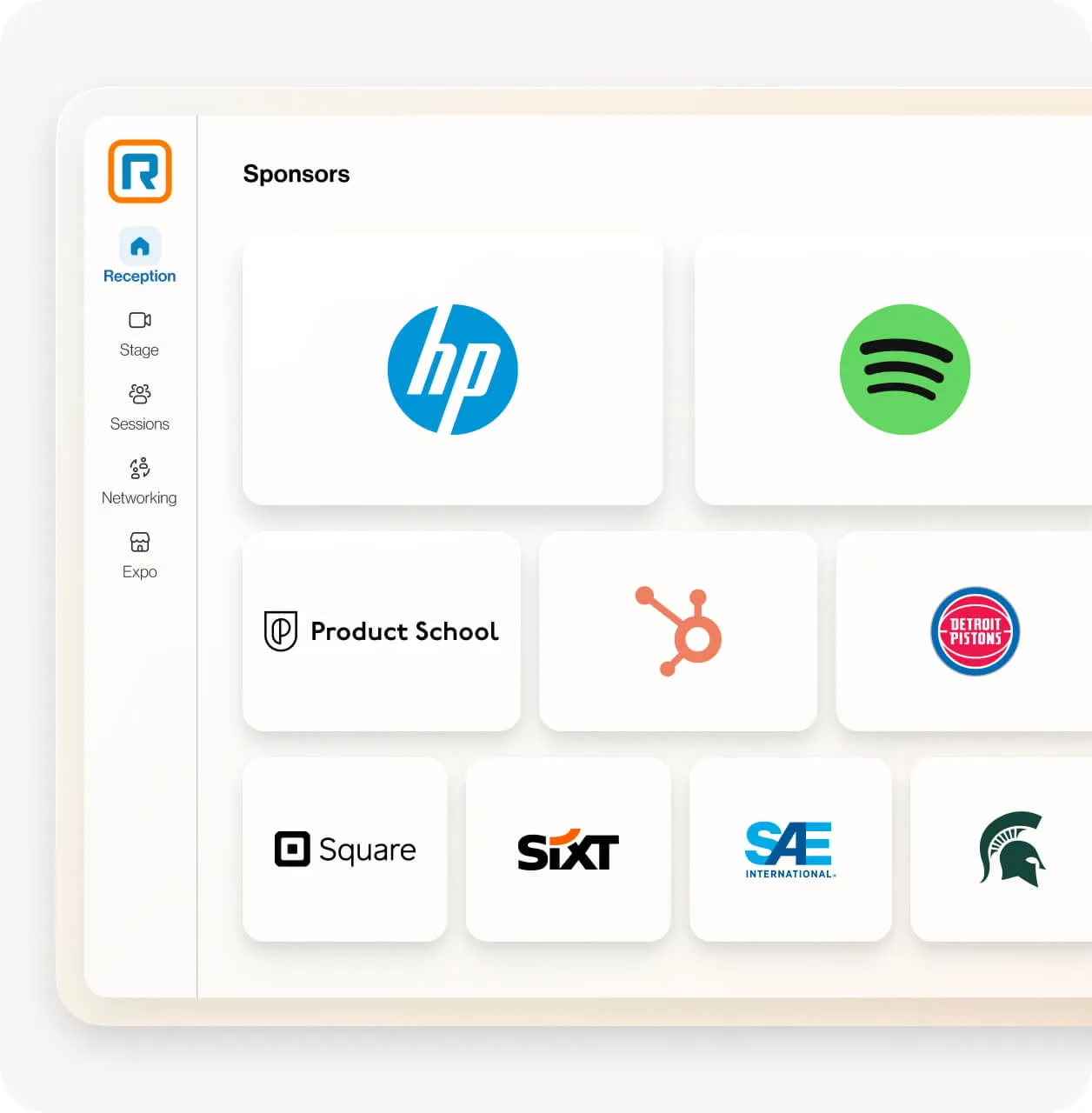 Bibliothek von Sponsoren, die im Empfangsbereich von RingCentral Events zu sehen sind, darunter HP, Spotify, Product School, Hubspot, Detroit Pistons, Square, Sixt, SAE International und Michigan State University 