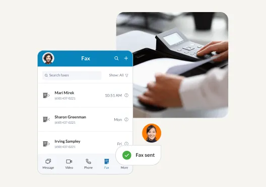 Fax tab within the RingCentral app with an inset of a document being faxed