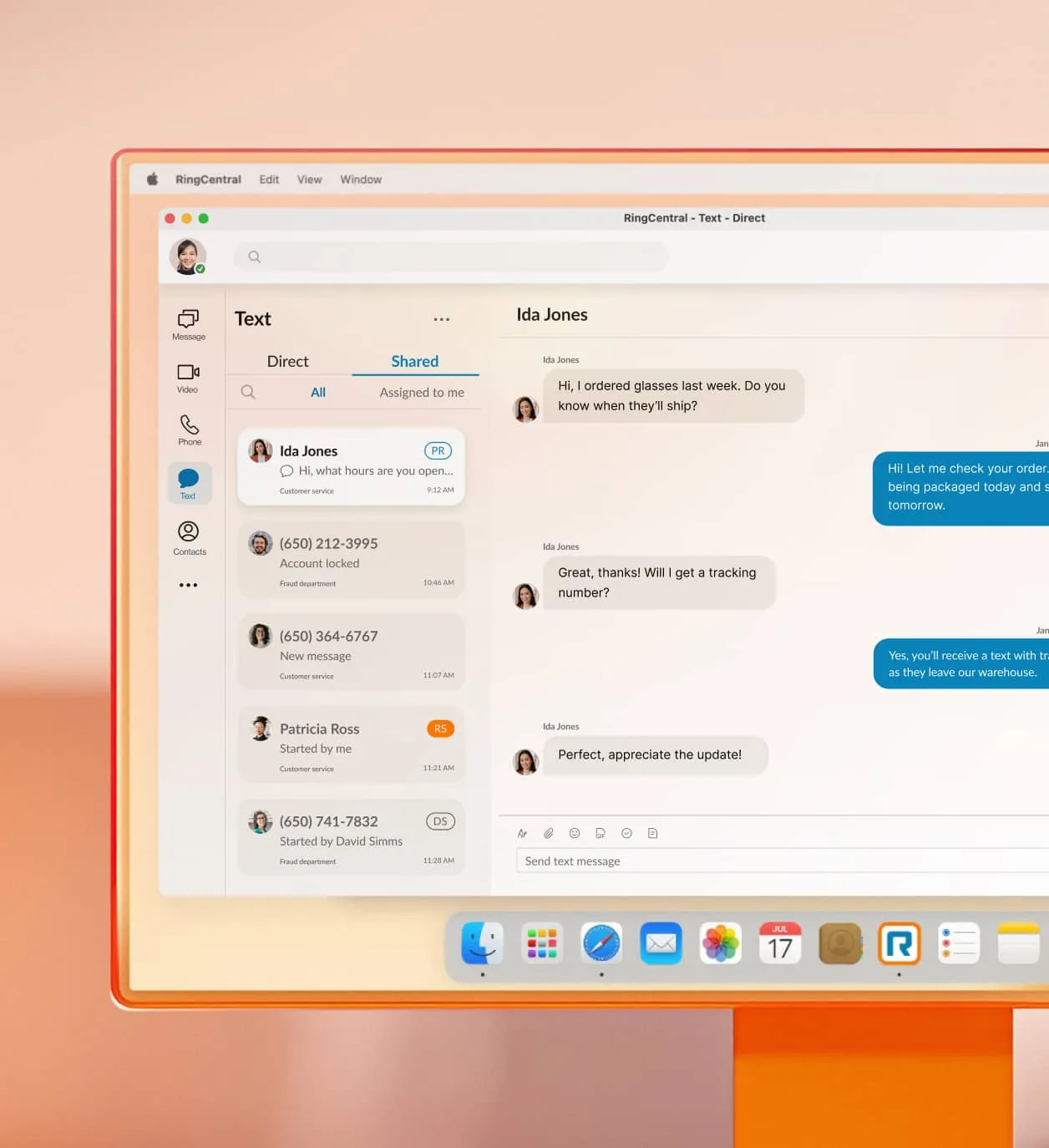The RingCentral desktop application is displayed on a desktop, showing a text conversation between a representative and a customer regarding an order status.