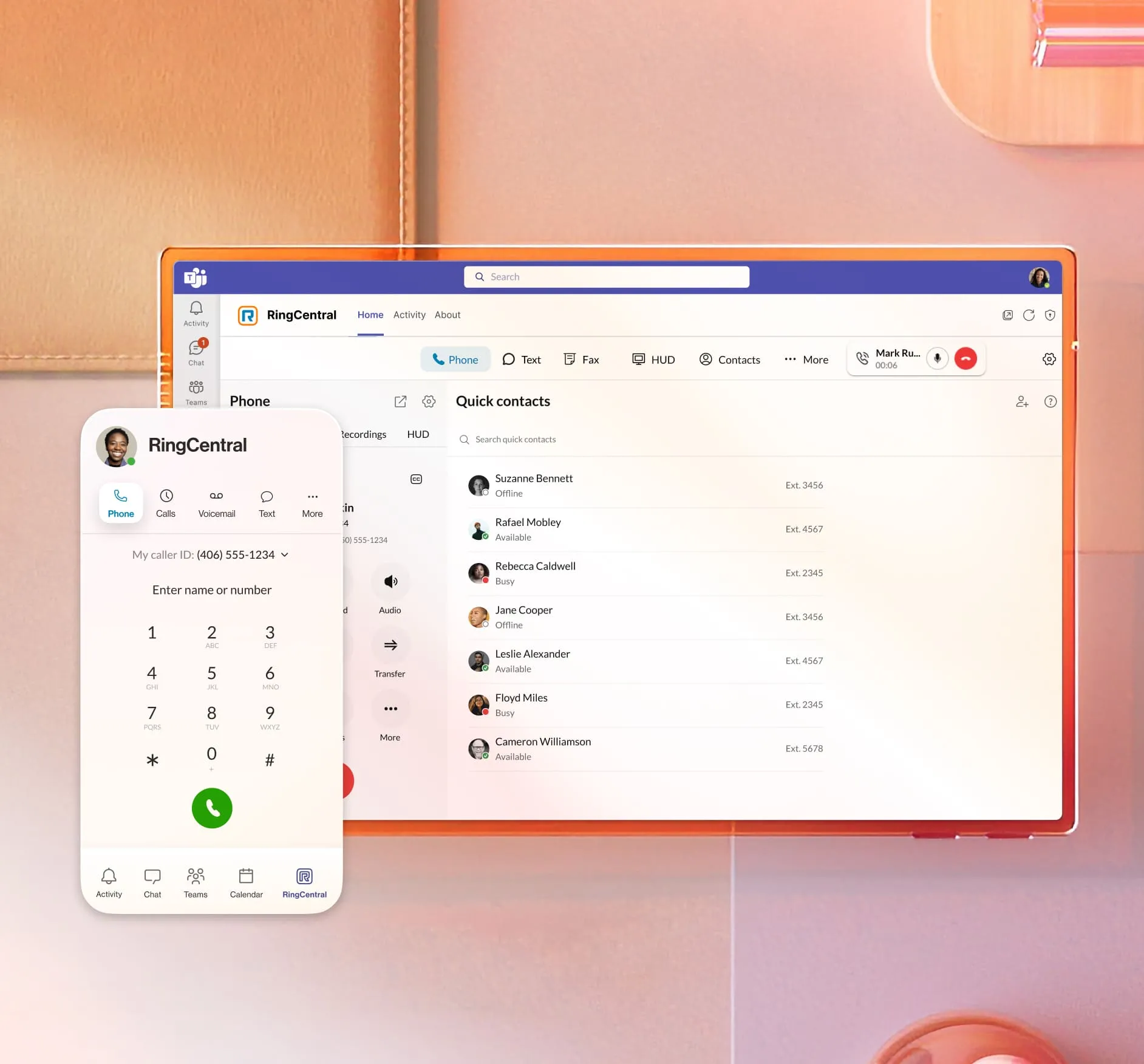 An inlay of the RingCentral dialer on top of the MS Teams desktop interface