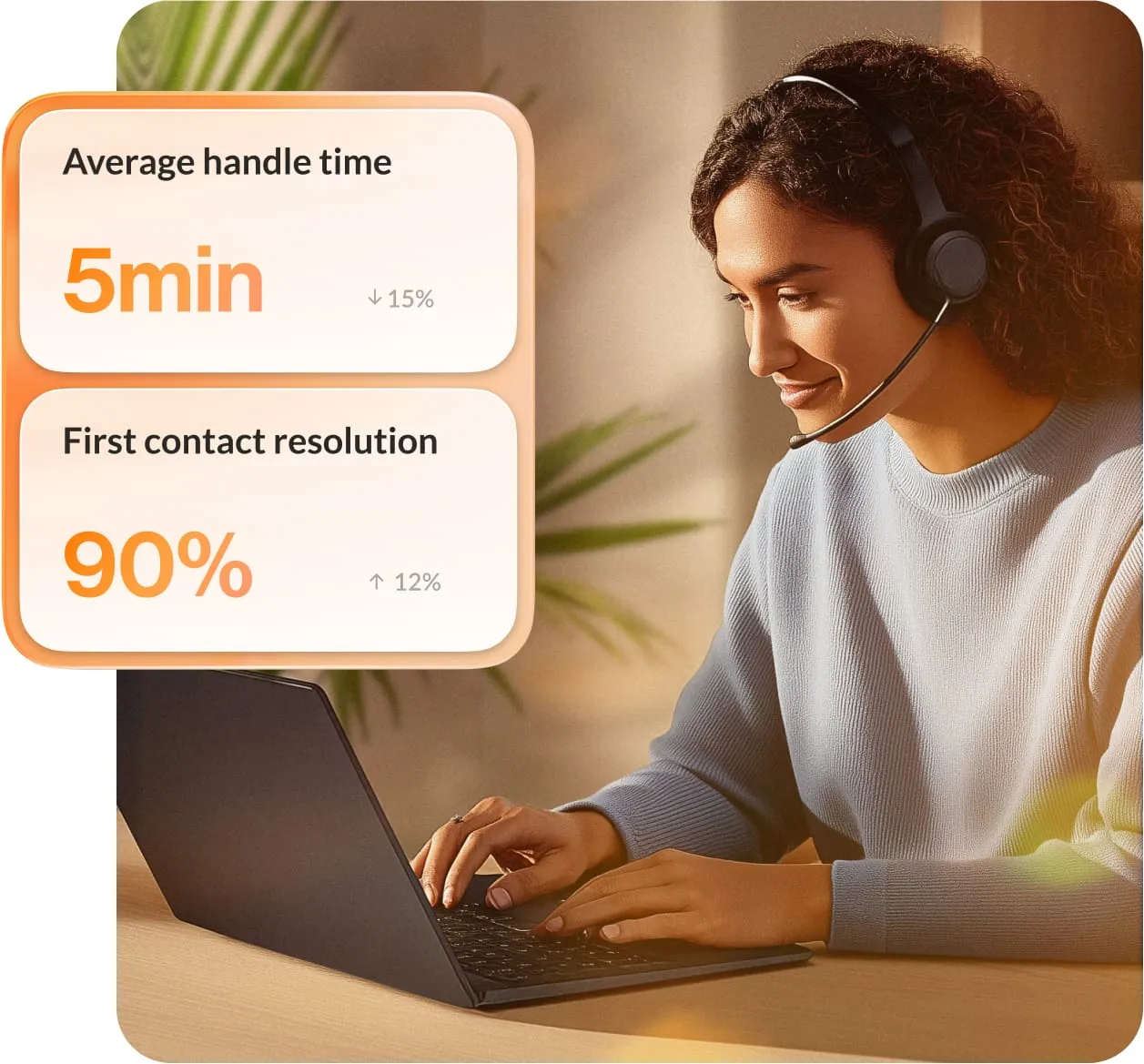 A contact center agent looking at the average handle time and first contact resolution statistics in the RingCX app