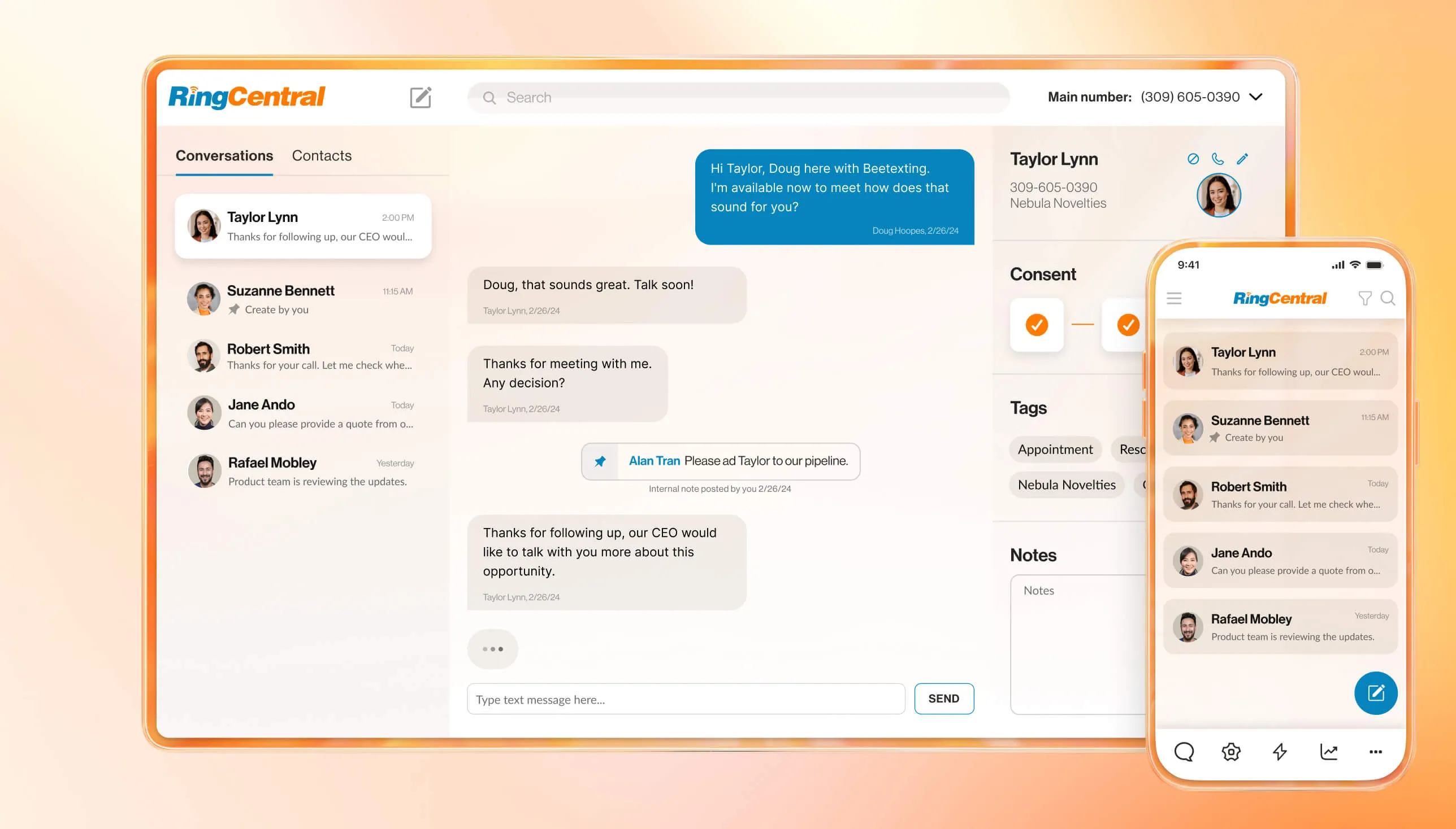 Interface of RingCentral advanced SMS inbox