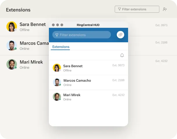 The list of heads up display as seen in the RingCentral app