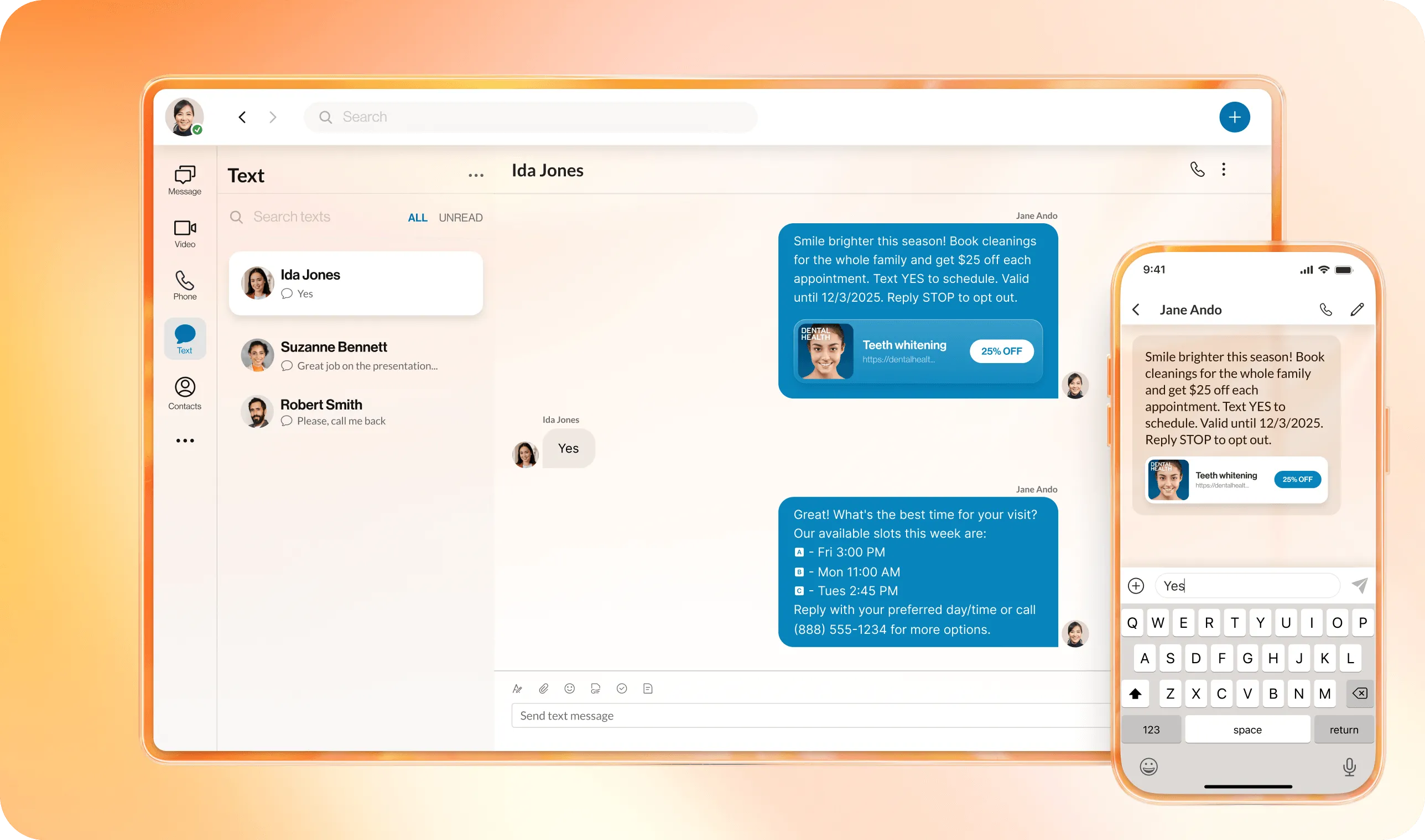 The enhanced business SMS interface on desktop and mobile