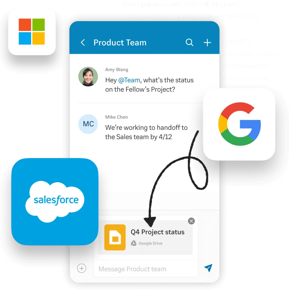 Capture d’écran de l’application RingCentral affichant les intégrations Microsoft, Google et Salesforce