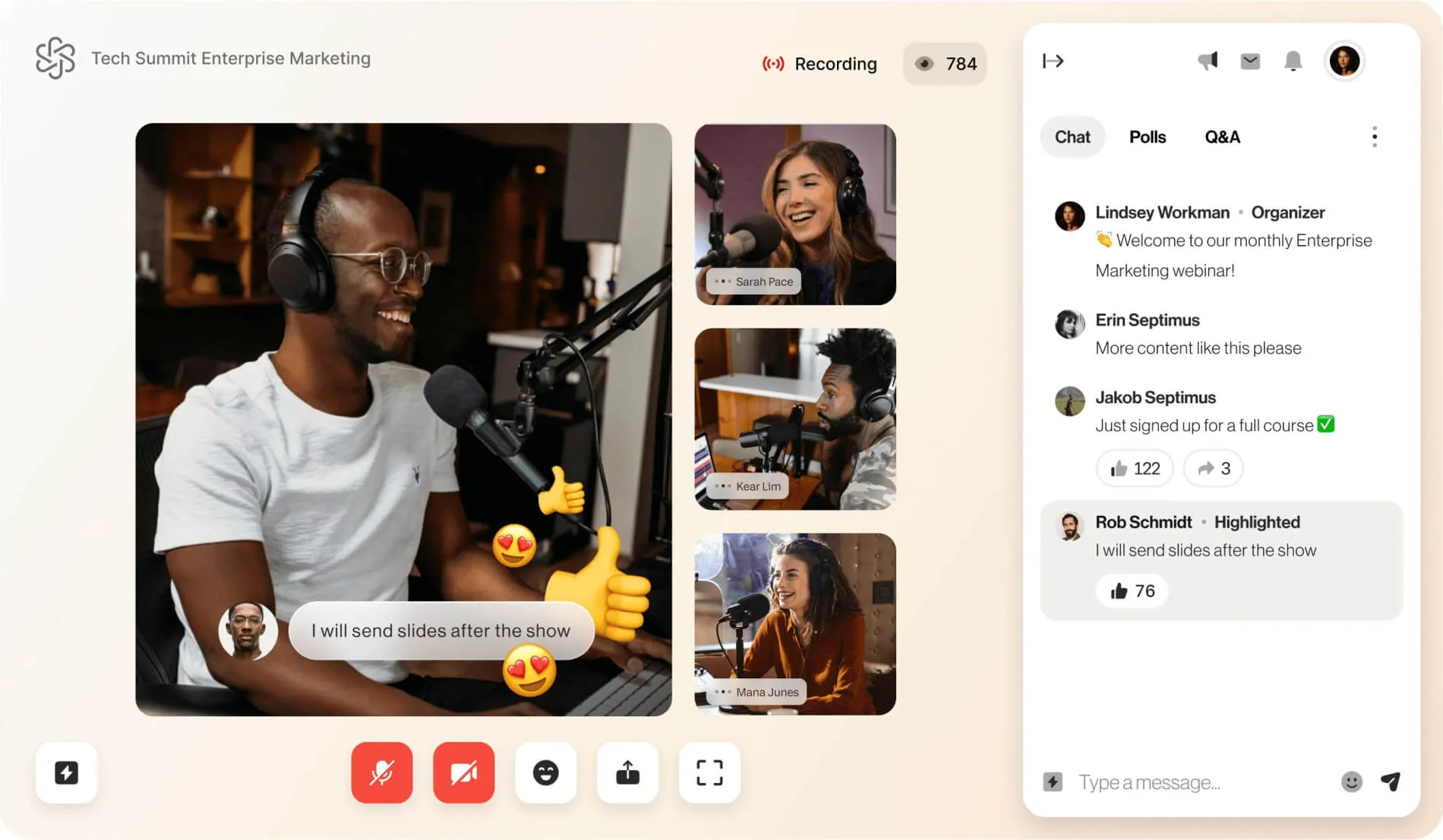 Engagement-Funktionen von RingCentral Events, z. B. Emojis, Chat, Umfragen und Q&A