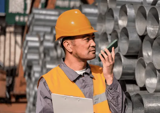 A construction worker using his phone as a walkie-talkie