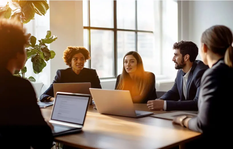 In-office employees using a shared laptop to join an online video meeting