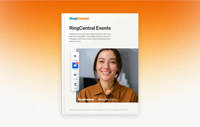 Deckblatt RingCentral Datenblatt: Eine Frau spricht in einem Event auf RingCentral Events.