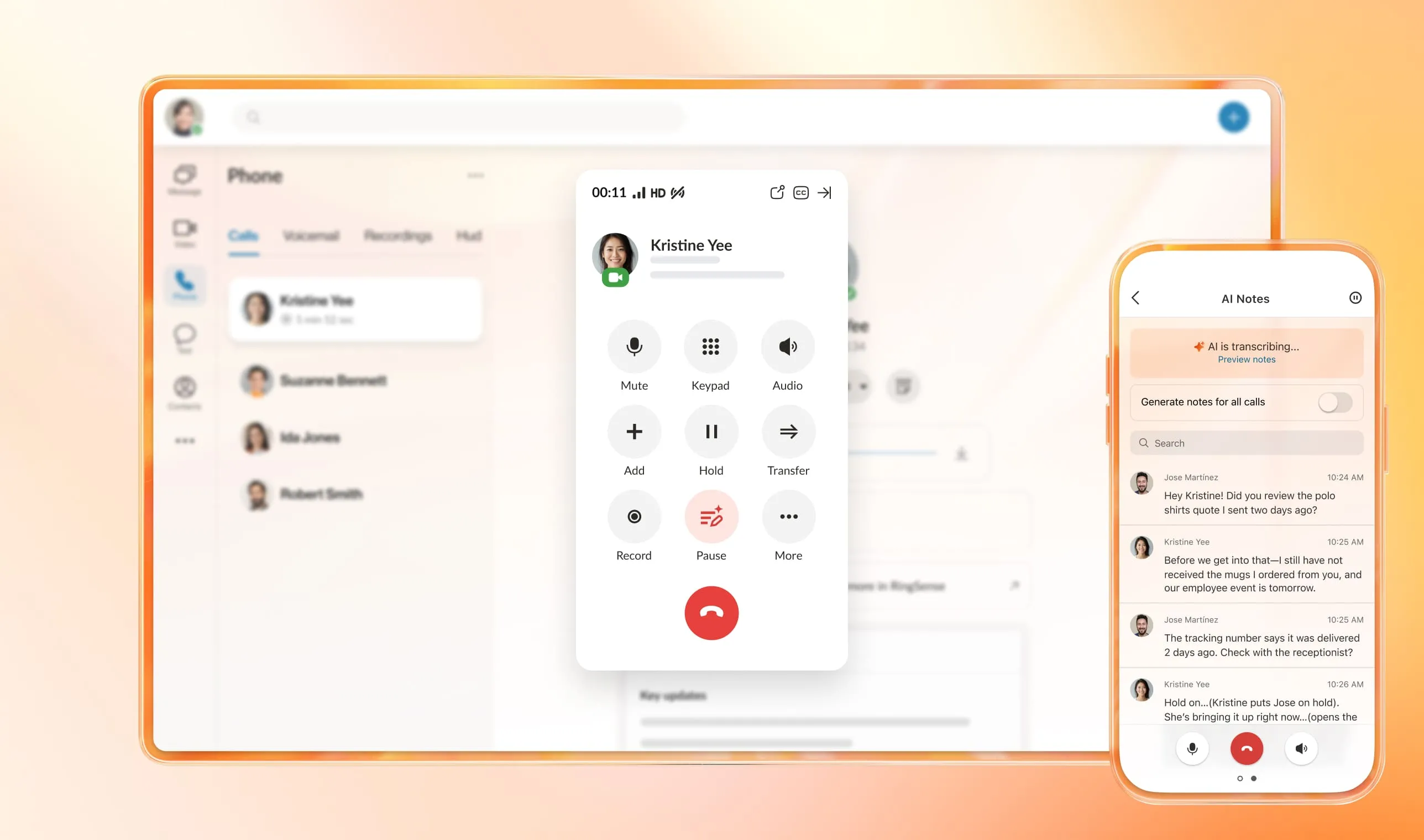 An image showing real-time notes and transcript during an ongoing RingCentral phone call