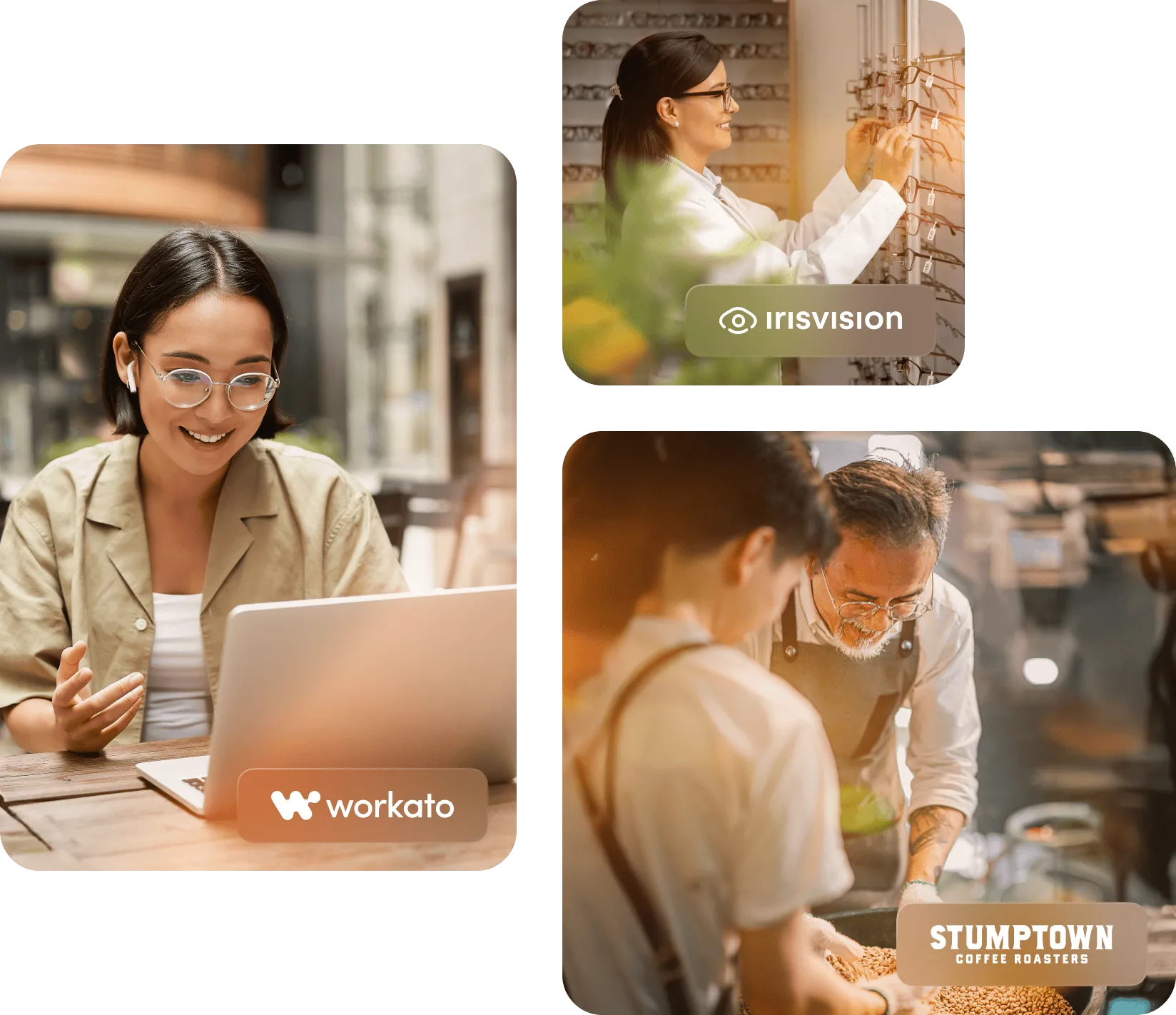 Group of images: A woman working remotely using her laptop; An ophthalmologist adjusting eyeglasses on display; A male store owner talking to customers