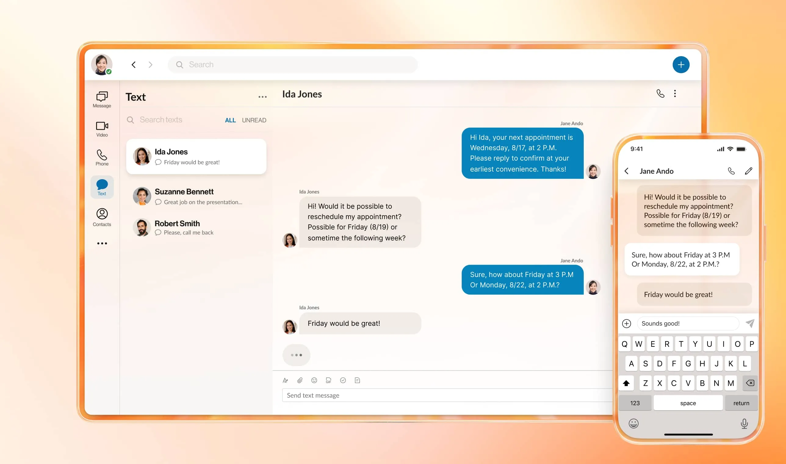 An image showing the Text Messaging feature on the RingCentral app, displayed on mobile and laptop