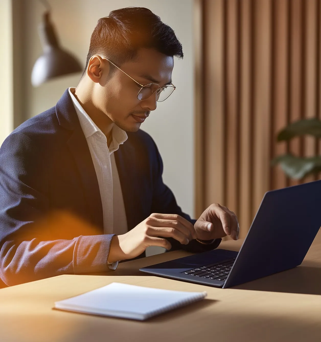 A young man sitting in an office types on his laptop.