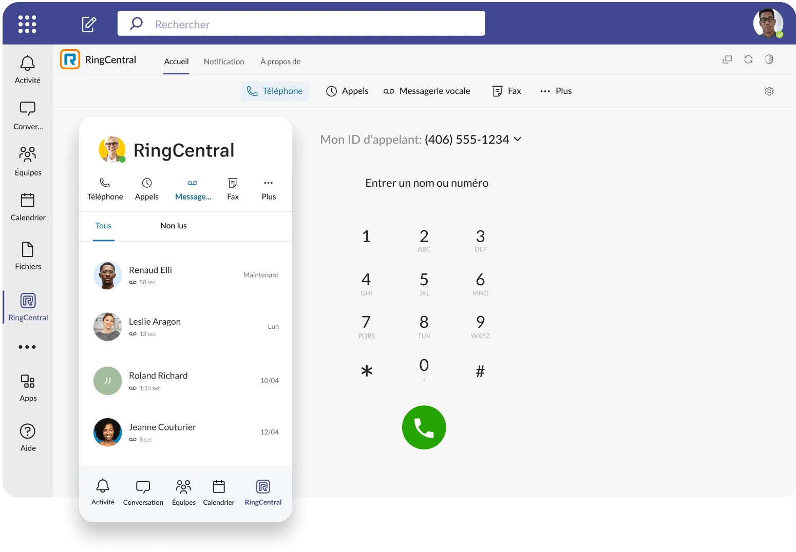 Le clavier et l’historique des appels de l’intégration de RingCentral dans Microsoft Teams