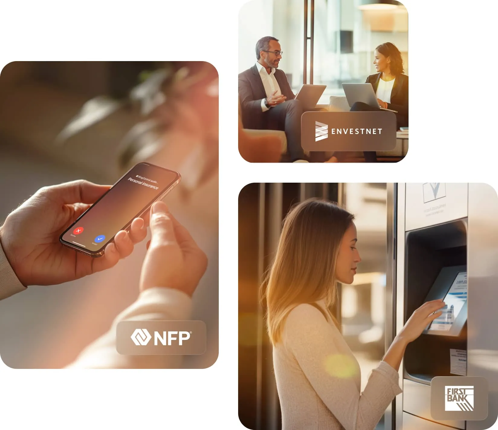 Group of images: A woman working remotely using her laptop; An ophthalmologist adjusting eyeglasses on display; A male store owner talking to customers